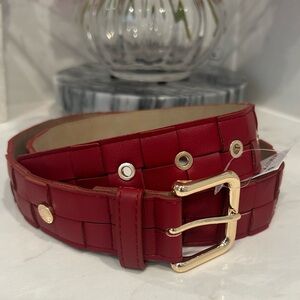 STEVE MADDEN Woven Faux Leather Belt Wine Burgundy Red Gold Hardware Large NWT